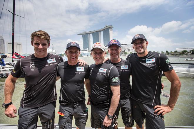 Land Rover partnered Red Bull Sailing Team enjoy their Extreme Sailing Series Act win in Singapore from left to right Stewart Dodson, Shaun Mason, Skipper Roman Hagara, Tactician Hans Peter Steinacher and Helm Jason Waterhouse. - Extreme Sailing Series 2015 © Lloyd Images